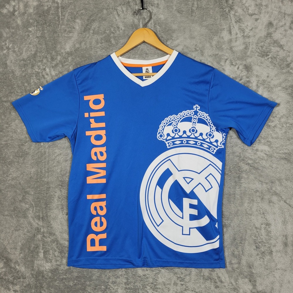 Real Madrid Soccer Jersey T Shirt Mens Medium Blue Orange Short Sleeve V Neck